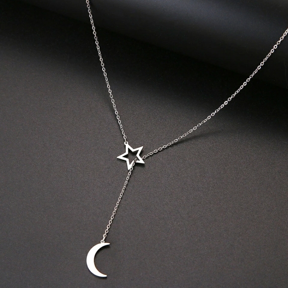 Simple Moon & Hollow Star Long Lariat Necklace - Picture 3 of 3